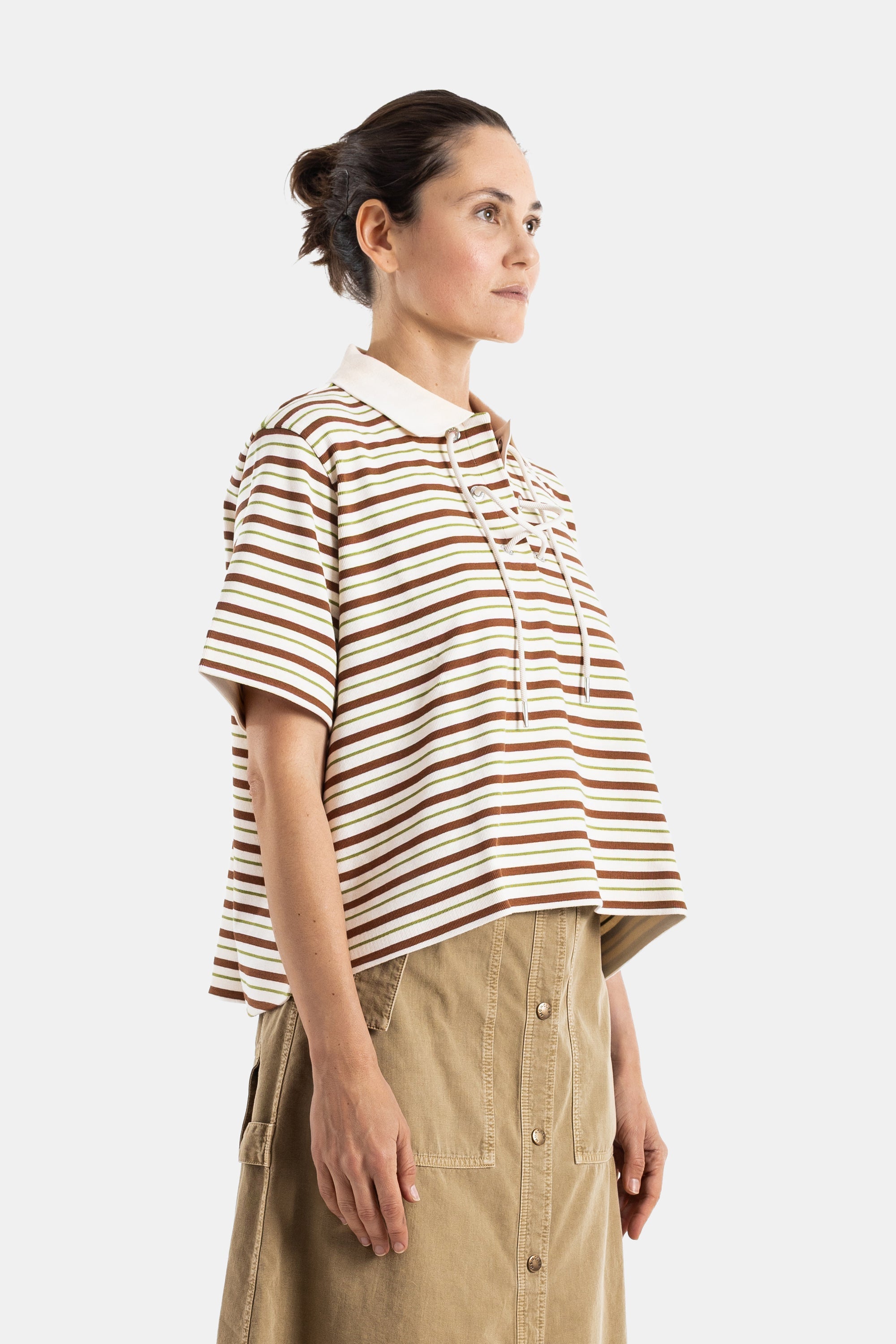 Brown And Green Striped Cropped Lace-Up Polo Multicolore Polos