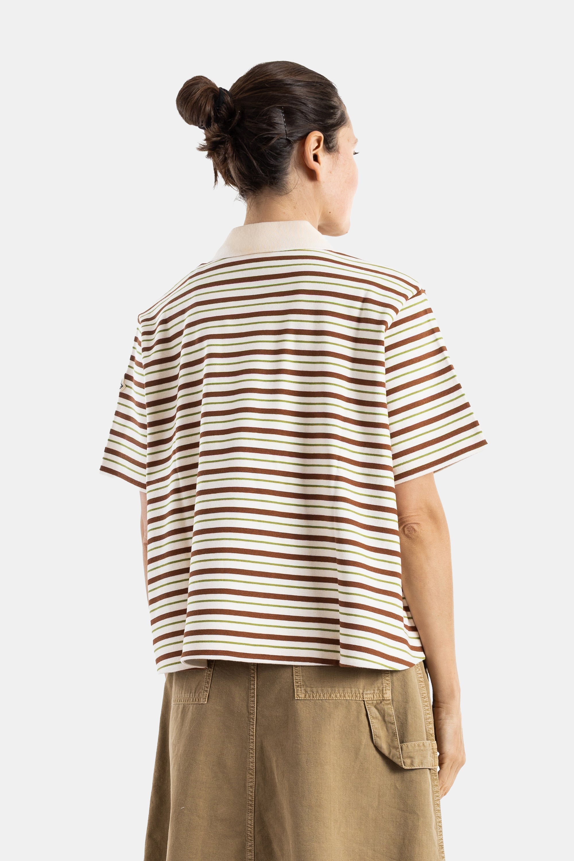 Brown And Green Striped Cropped Lace-Up Polo Polos