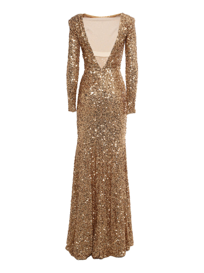 Long Dress Gold Polyester Elastane