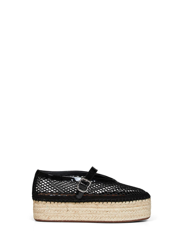Wedge Espadrilles Black Fishnet & Patent Leather Lambskin