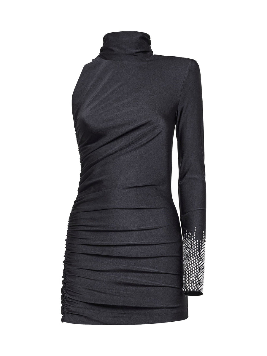 One-Shoulder Lycra Minidress With Rhinestones Black Polyamide Dress