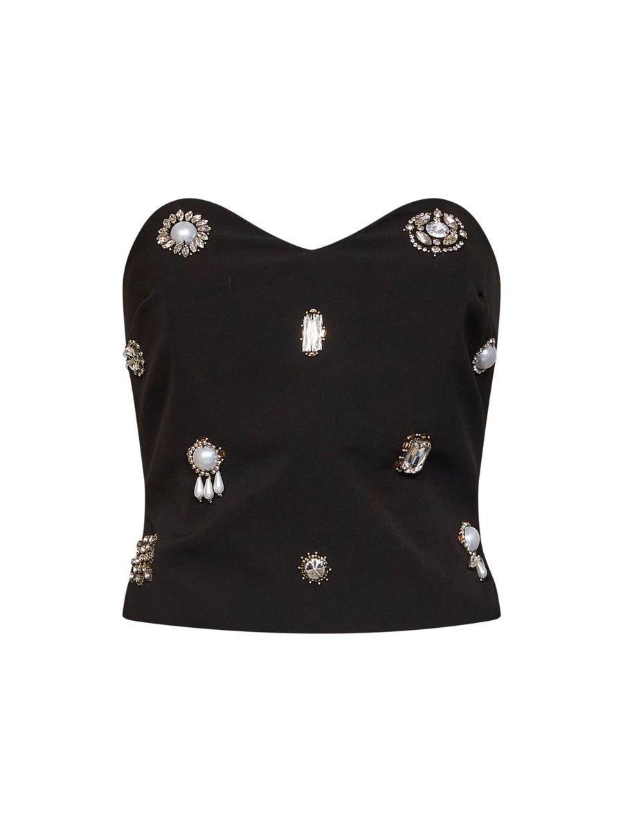 Bustier Top With Jeweled Embroidery, Black Recycled Polyester Tops