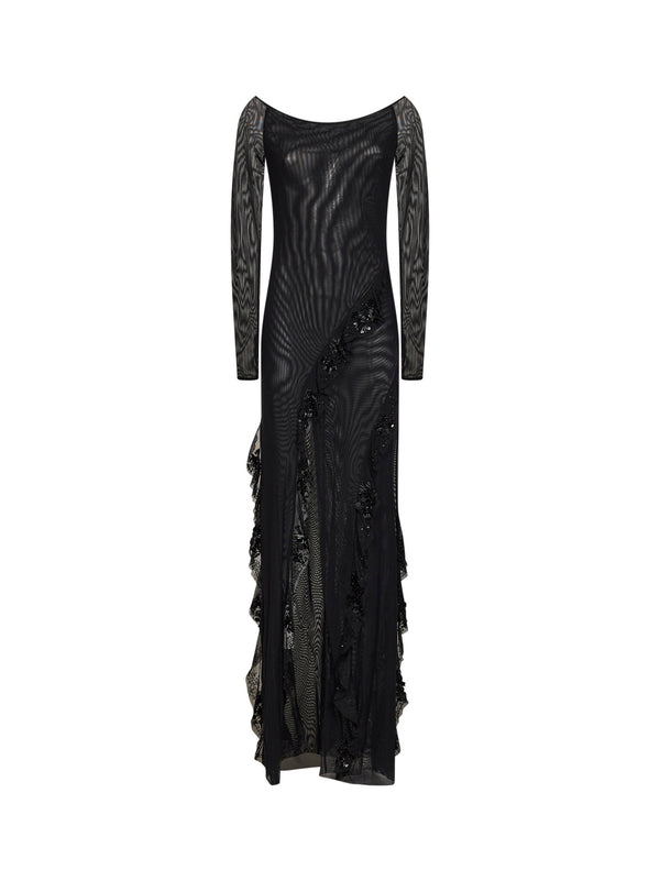 Maxi Dress Black Stretch Tulle Polyamide