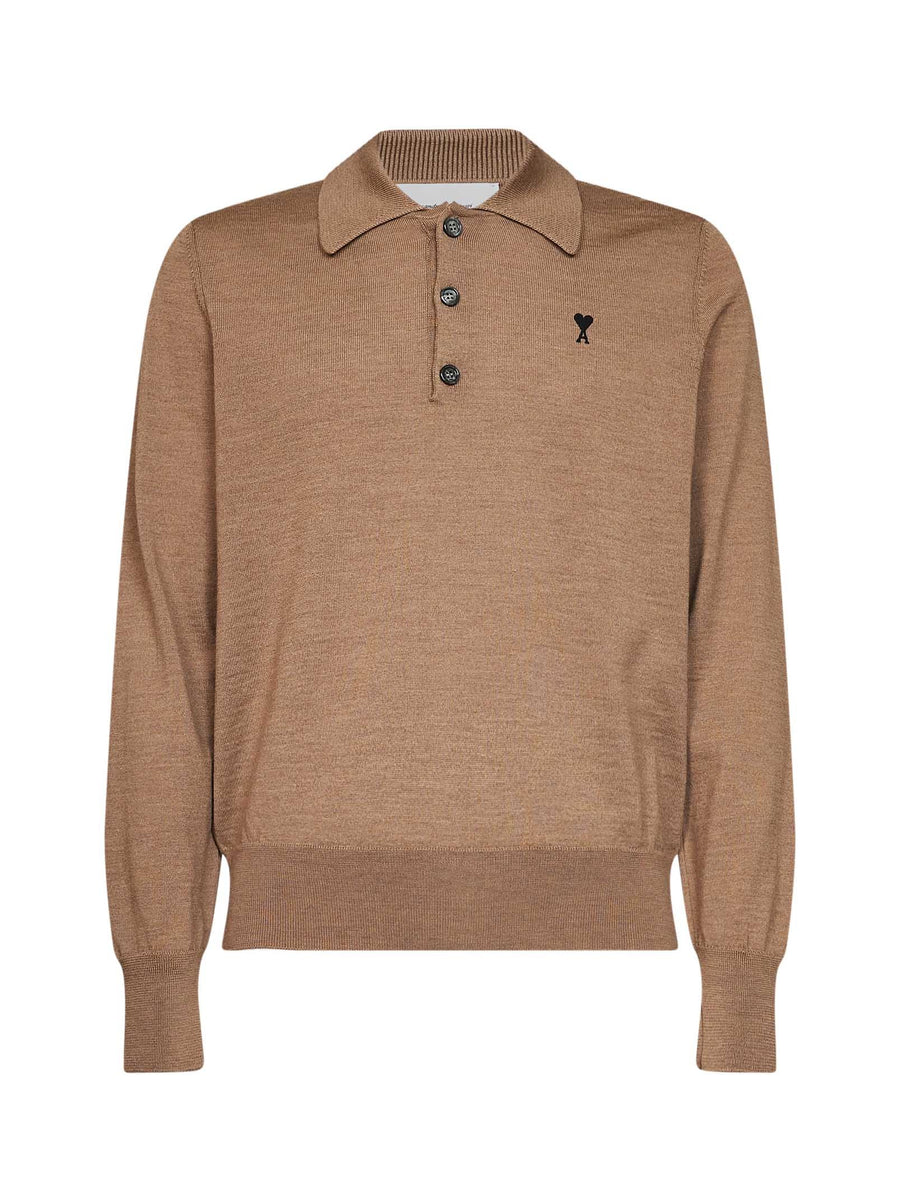 Knit Polo Shirt Ami De Coeur Camel Merino Wool Brown