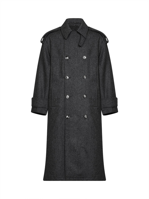 Double-Breasted Trench Coat Charcoal Grey Wool Virgin