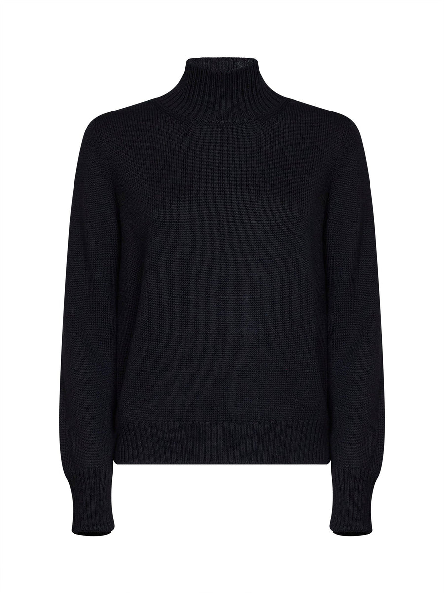 Knit Sweater, Mock Neck, Black Virgin Wool