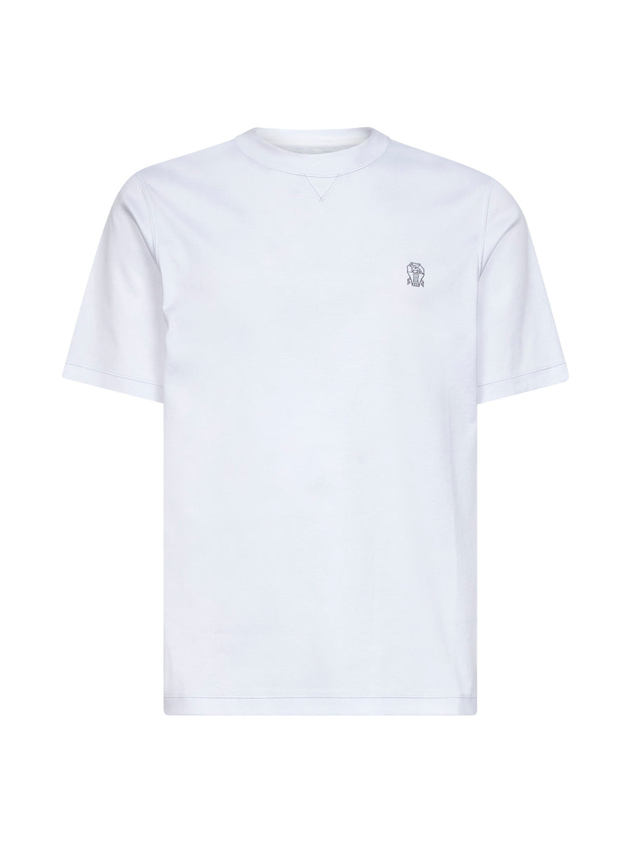 Crewneck T-Shirt Solomeo Crest White Cotton T-shirts