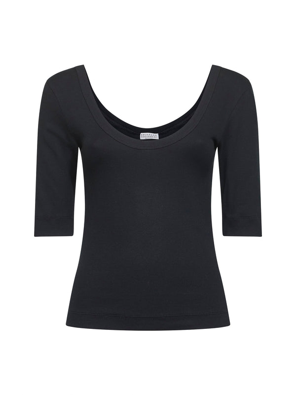 T-Shirt Ribbed Stretch Jersey Black Cotton T-shirts & Jerseys