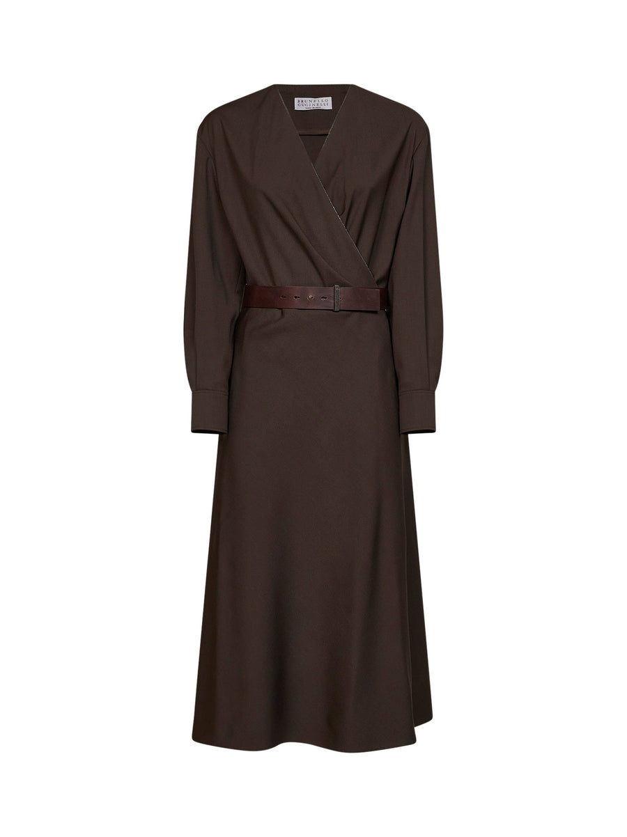 Belted Midi Dress Dark Chocolate Wool-Blend Brown Virgin Wool
