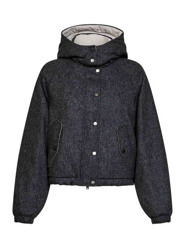 Hooded Down Jacket Donegal Black Virgin Wool Puffer