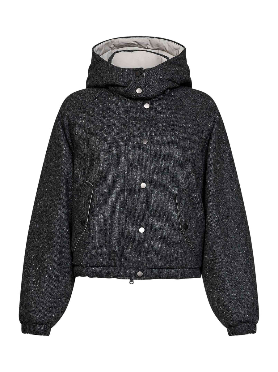 Hooded Down Jacket Donegal Black Virgin Wool Puffer