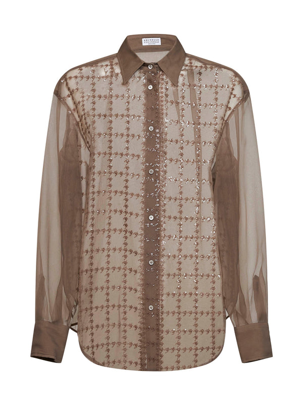 Shirt Silk Georgette Embroidered Brown