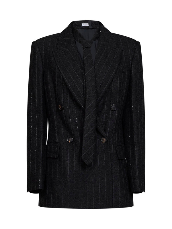 Wool-Blend Blazer With Tie, Grey Jacket