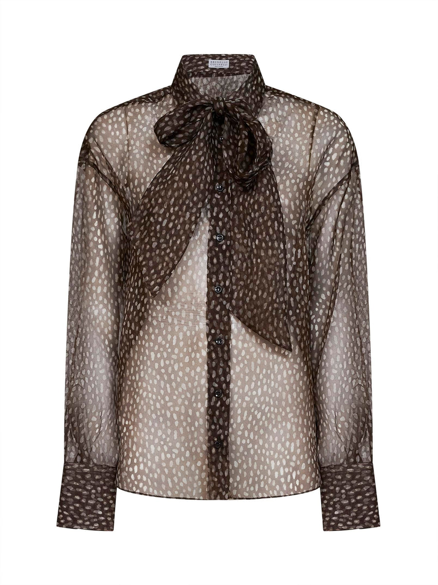 Shirt Silk Organza With Neck Tie - Chocolate Brown Lyocell