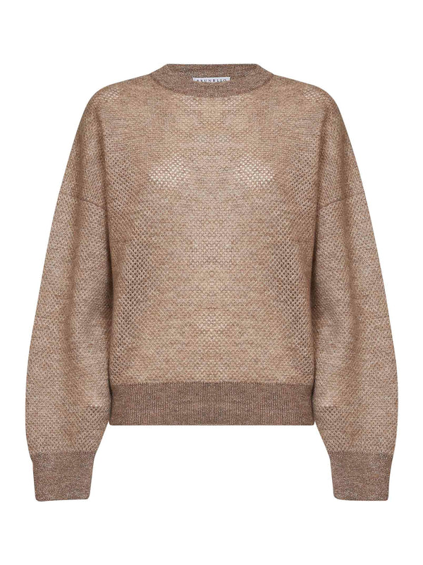 Sweater Double-Knit Net Beige Mohair