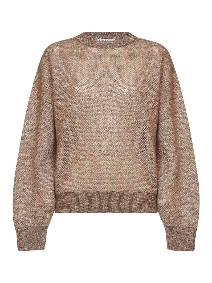 Sweater Double-Knit Net Beige Mohair