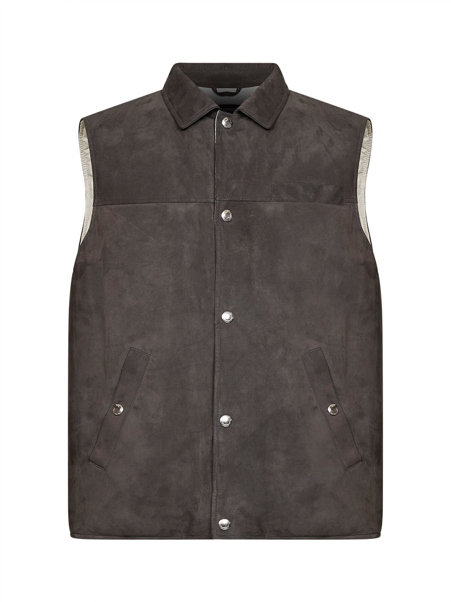 Padded Vest Steel Grey Calf Leather & Down Jackets