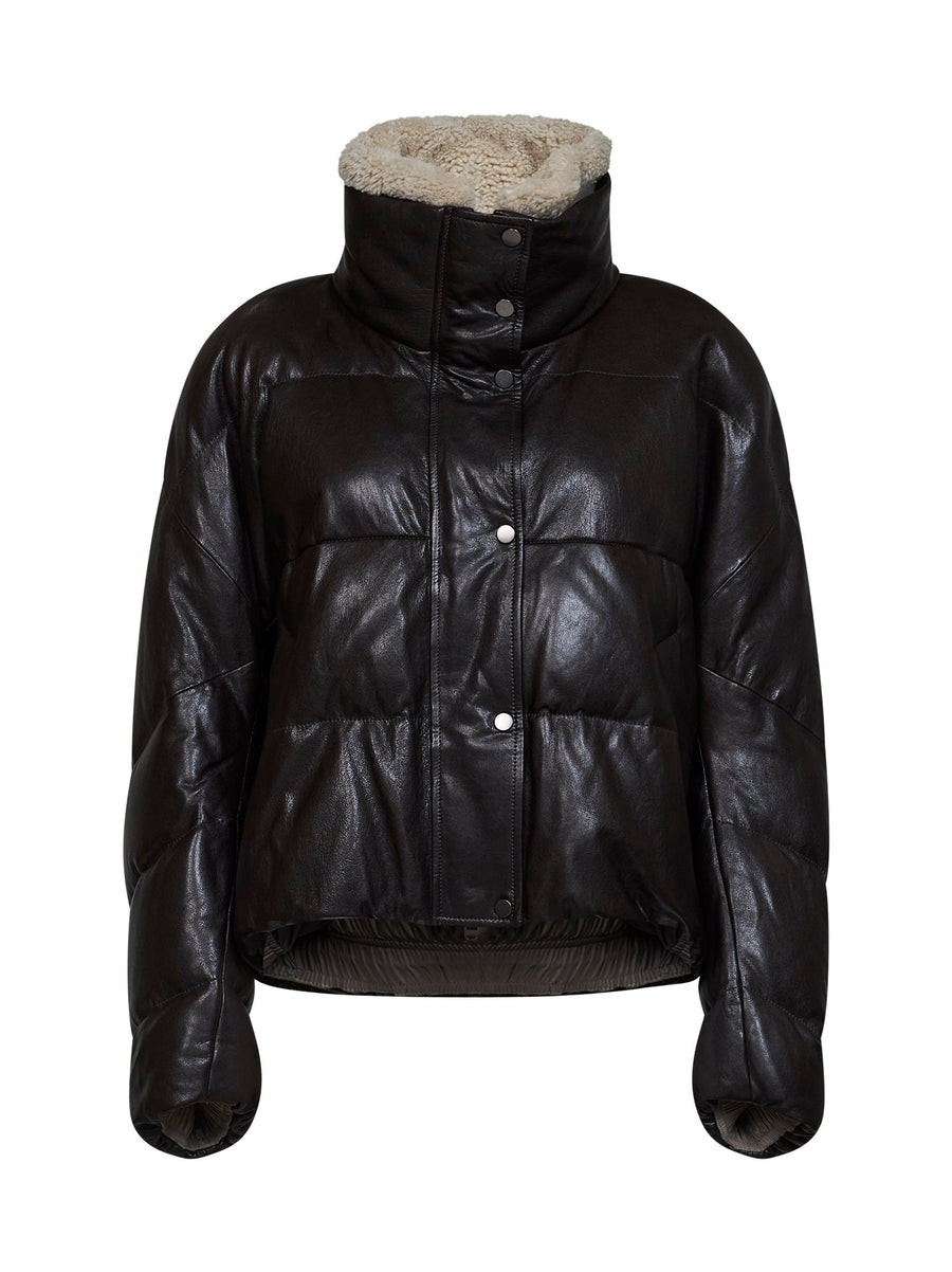 Down Jacket Shiny Nappa Leather Brown Lyocell Puffer