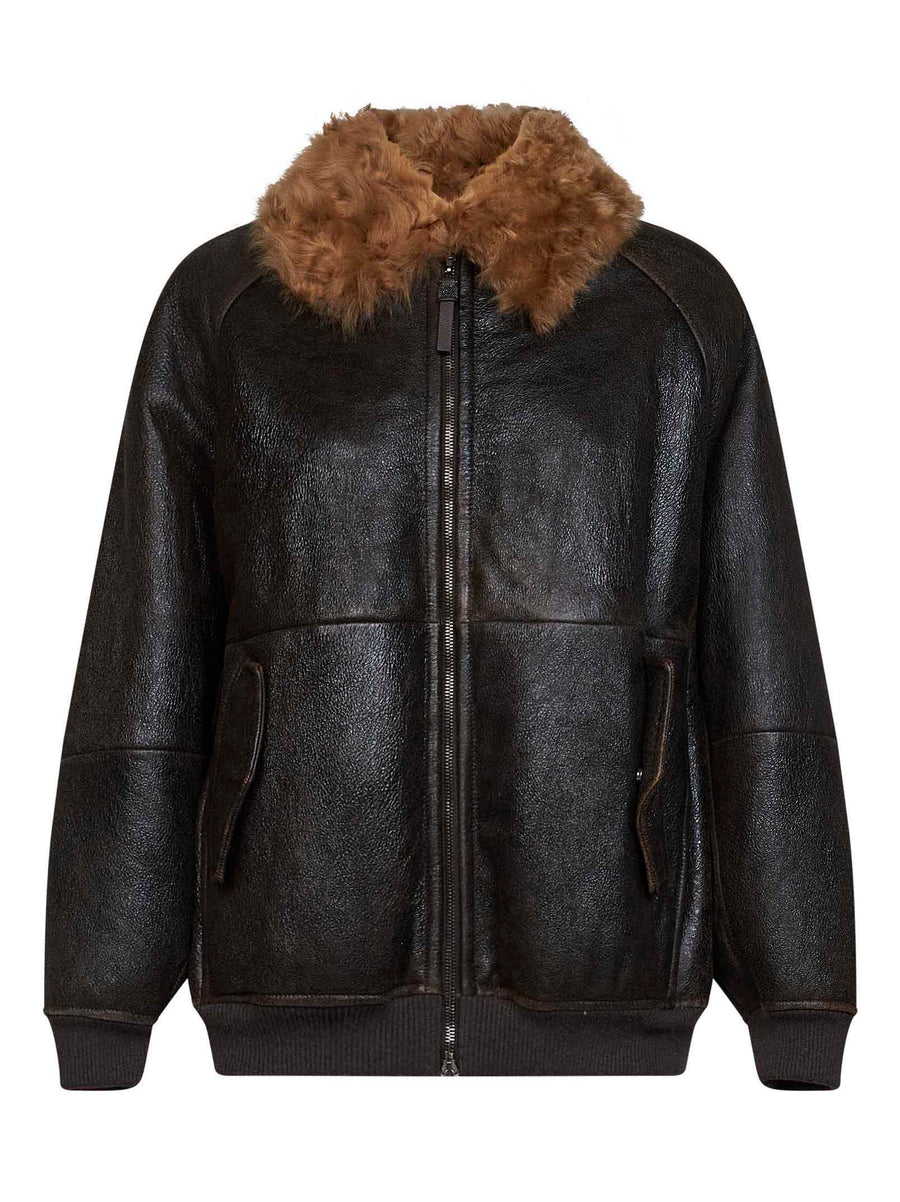 Vintage-Effect Nappa Leather Jacket Brown Lyocell Faux Fur & Shearling Coats
