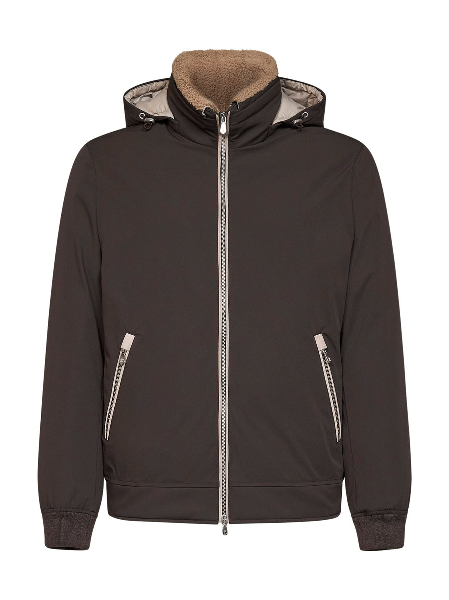 Hooded Bonded Nylon Down Jacket Dark Brown Polyamide Padded &