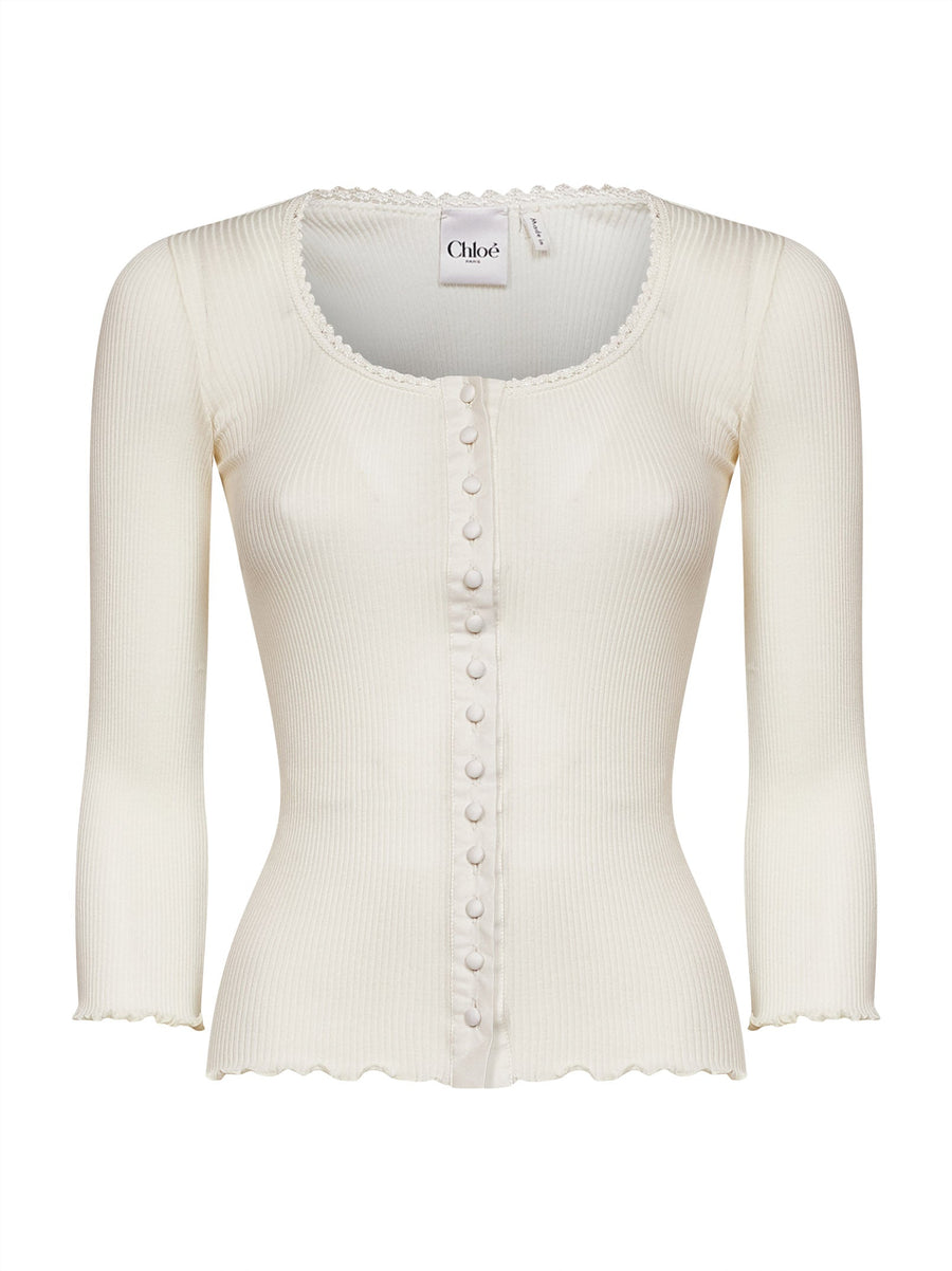 Ribbed Jersey Fitted Top Ivory Cotton Knitwear