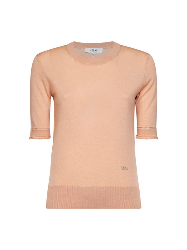 Short-Sleeved Virgin Wool Sweater - Tender Peach Pink