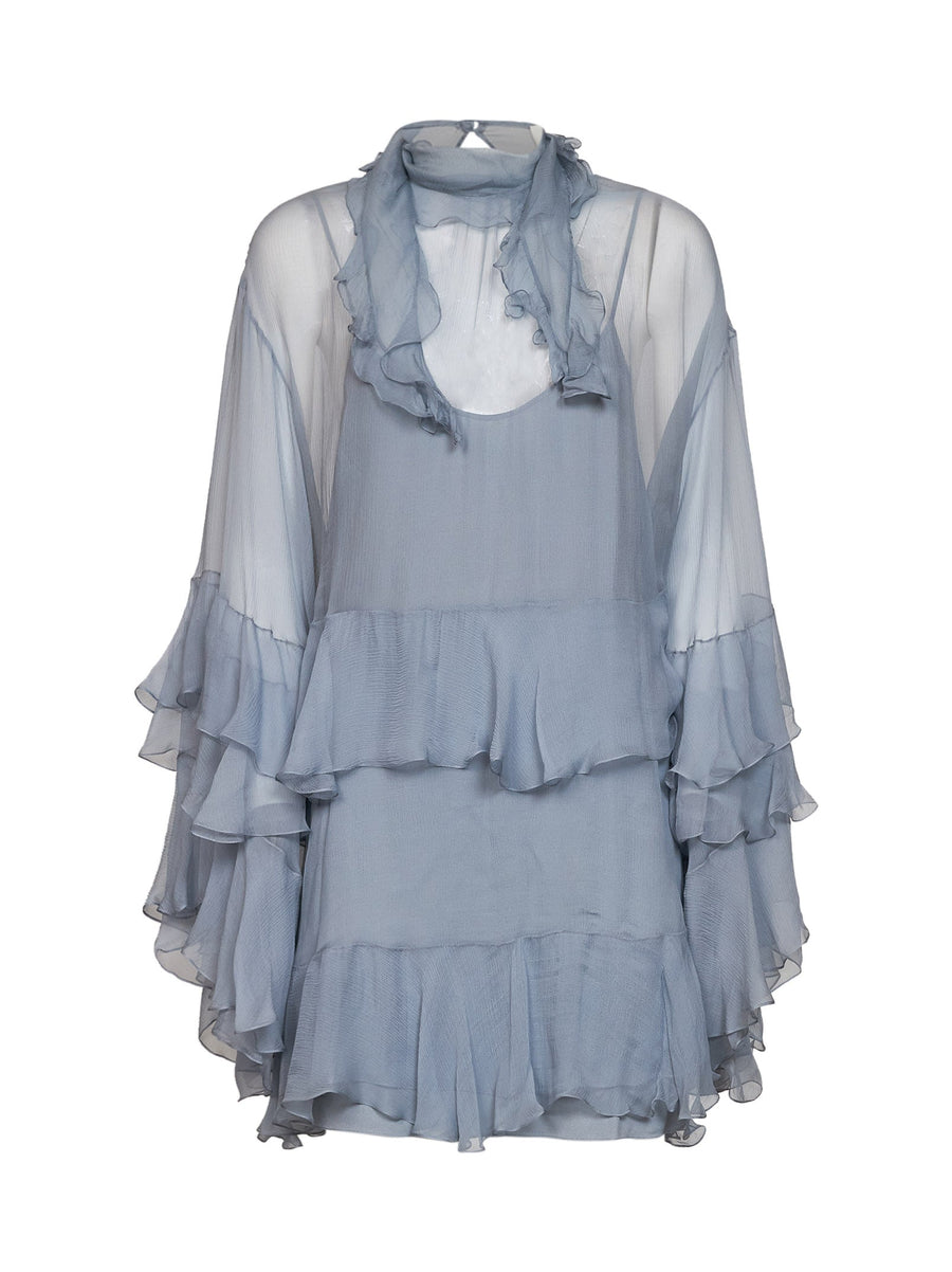 Mini Dress Light Blue Ruffled Silk Muslin
