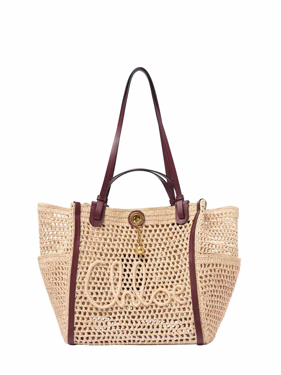 Double Carry Raffia Bag With Calfskin Trim Beige Handbags
