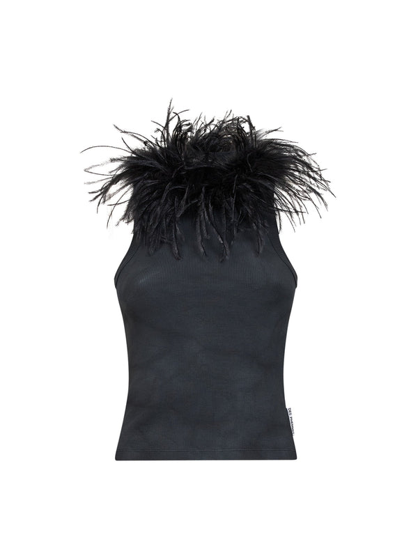 Ribbed Cotton Tank Top With Feather Trim Black