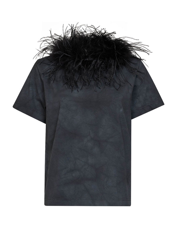 Tie-Dye Cotton T-Shirt With Feather Trim Black T-shirts & Jerseys