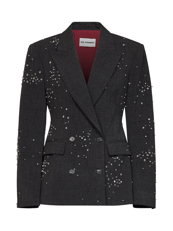 Double-Breasted Embroidered Dark Steel Jacket Grey Polyester
