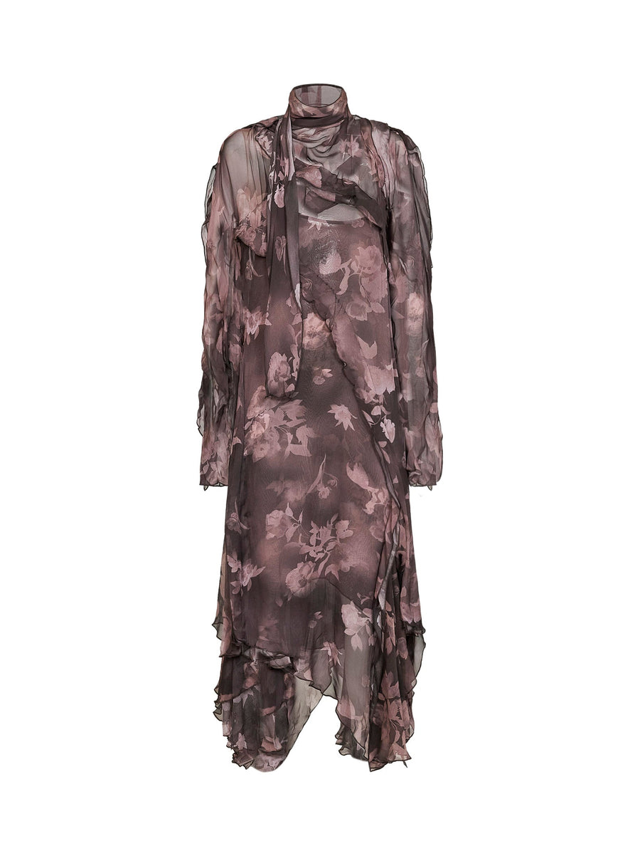 Asymmetric Midi Dress D-Riadi Brown Chiffon Multicolour Viscose
