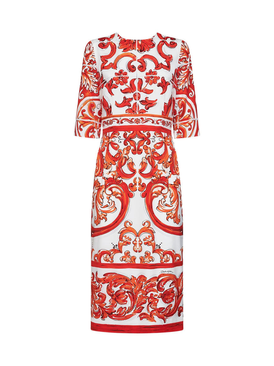 Midi Dress Orange Maiolica Print Multicolour Silk