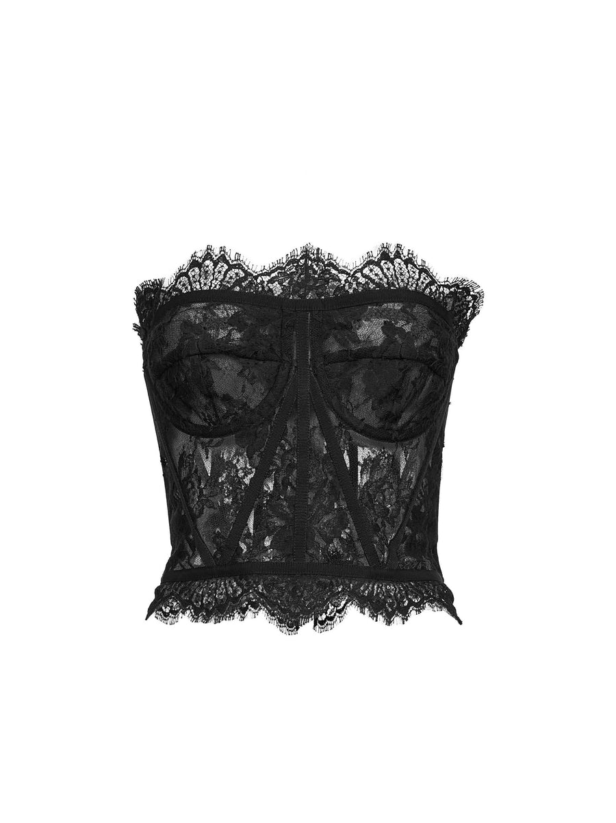 Bustier Chantilly Lace Black Cotton Tops