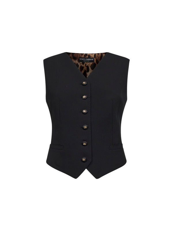 Wool Vest With Leopard-Print Back Black Virgin Tops
