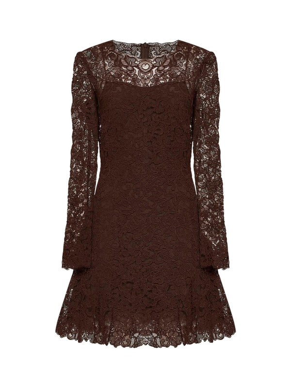 Mini Dress Rebrodé Lace Brown Polyester