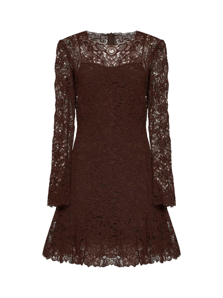 Mini Dress Rebrodé Lace Brown Polyester