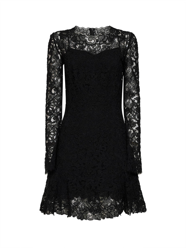Flared Mini Dress Rebrodé Lace Black Polyester