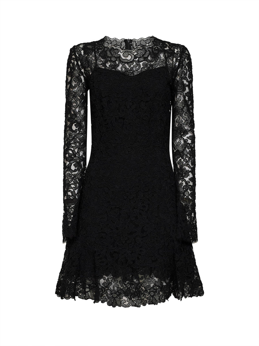 Flared Mini Dress Rebrodé Lace Black Polyester