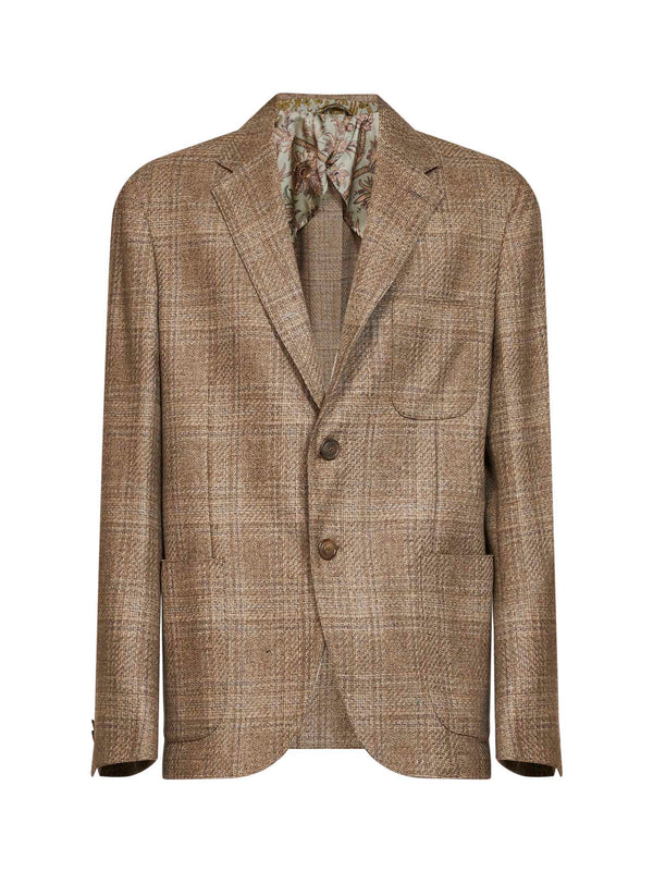 Single-Breasted Blazer Prince Of Wales Beige Wool Jacket