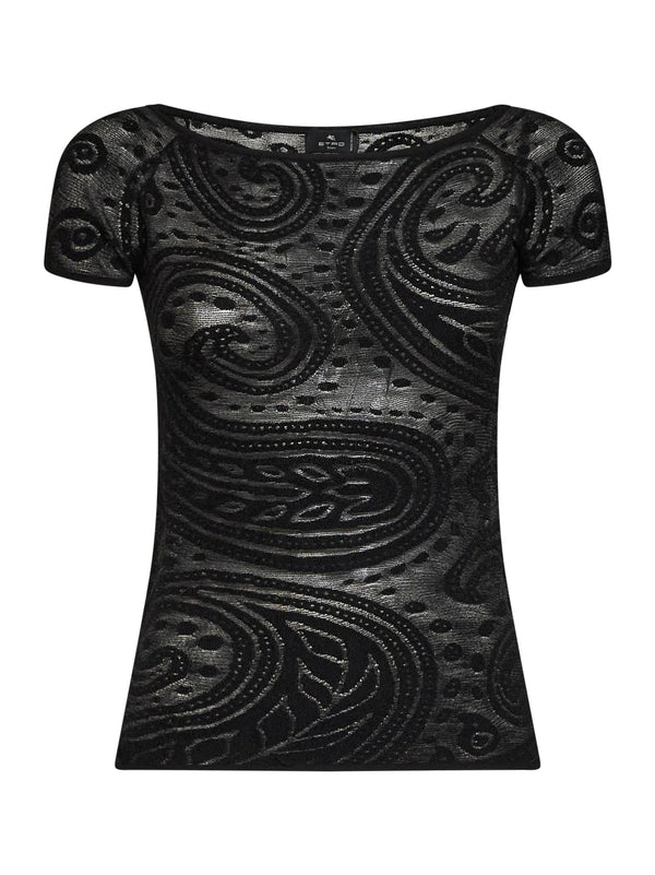 Off-The-Shoulder Knit Top Black Paisley Viscose