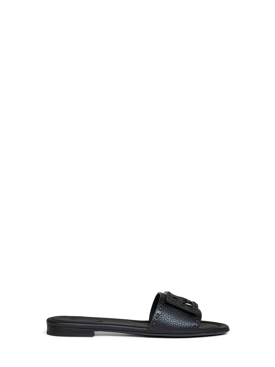 Slides Baguette Black Leather Calf Sandal