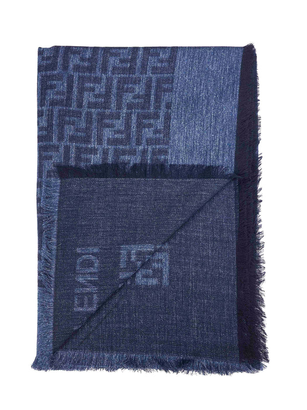 Shawl Ff Denim Blue Cotton-Wool Scarf