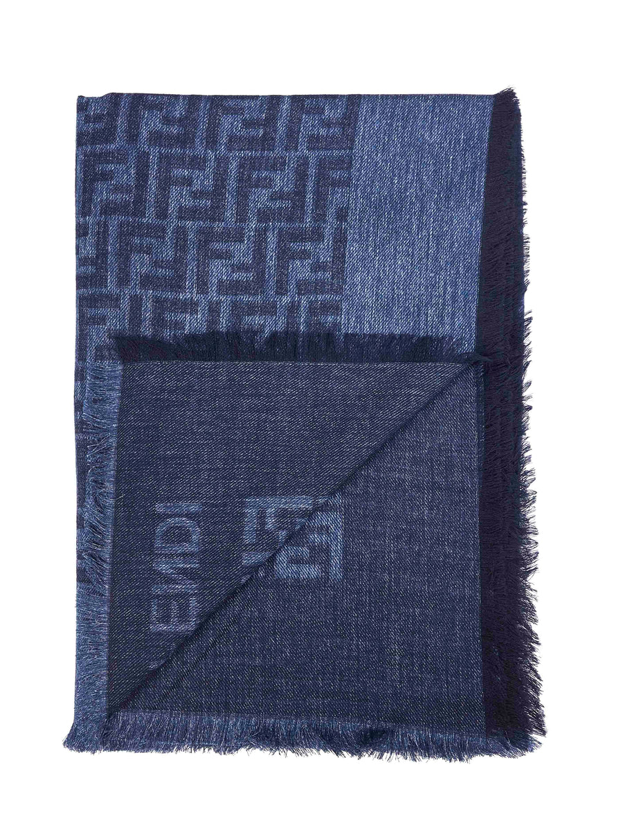 Shawl Ff Denim Blue Cotton-Wool Scarf