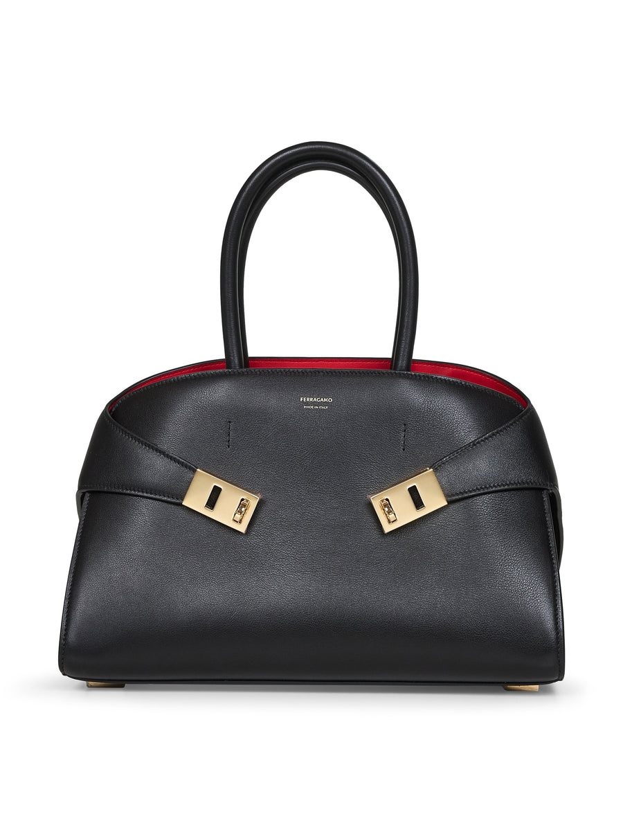 Top Handle Bag Hug Black Leather Calf Handbags