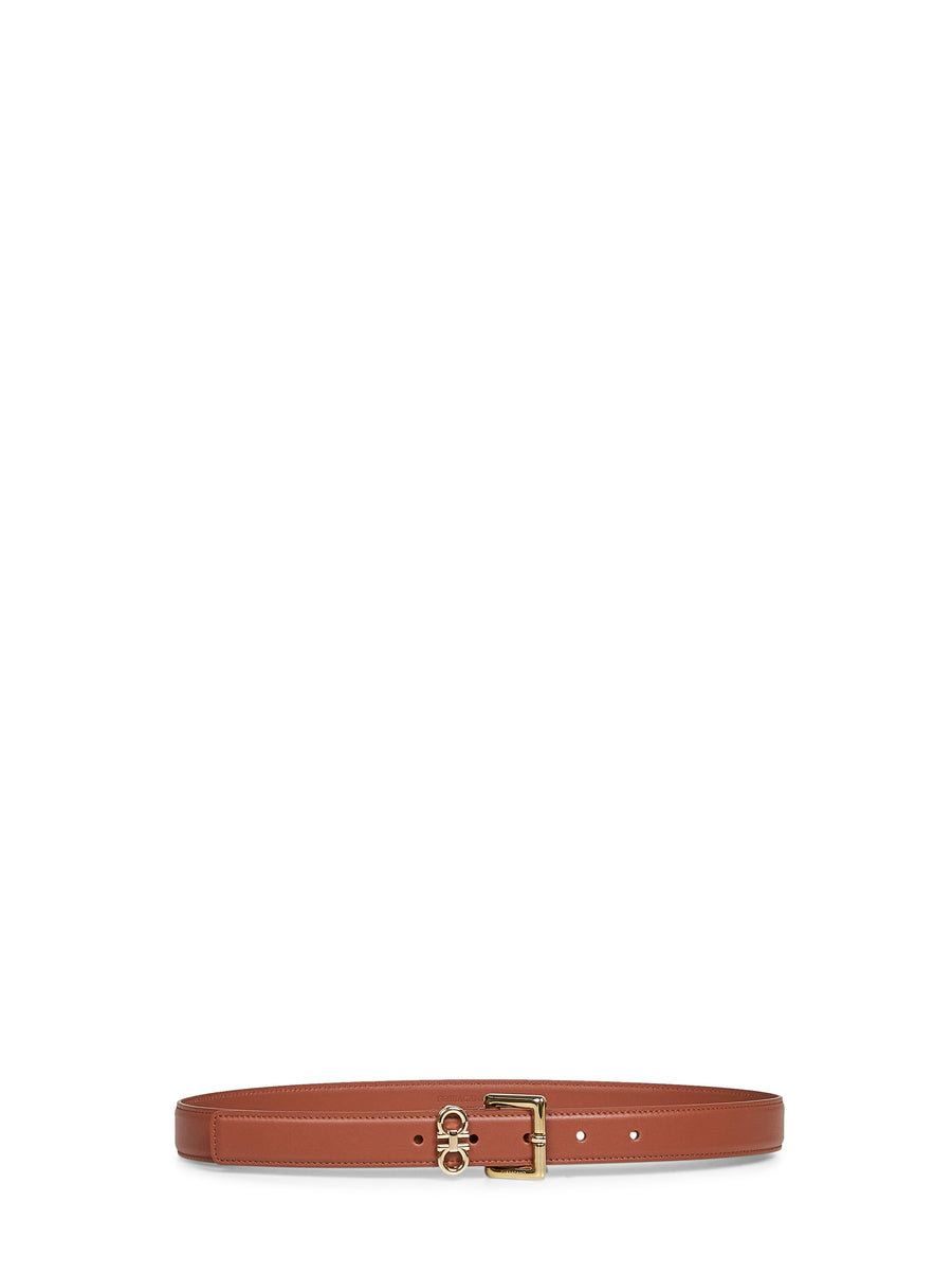 Leather Belt Double Gancini Cognac Brown Calf