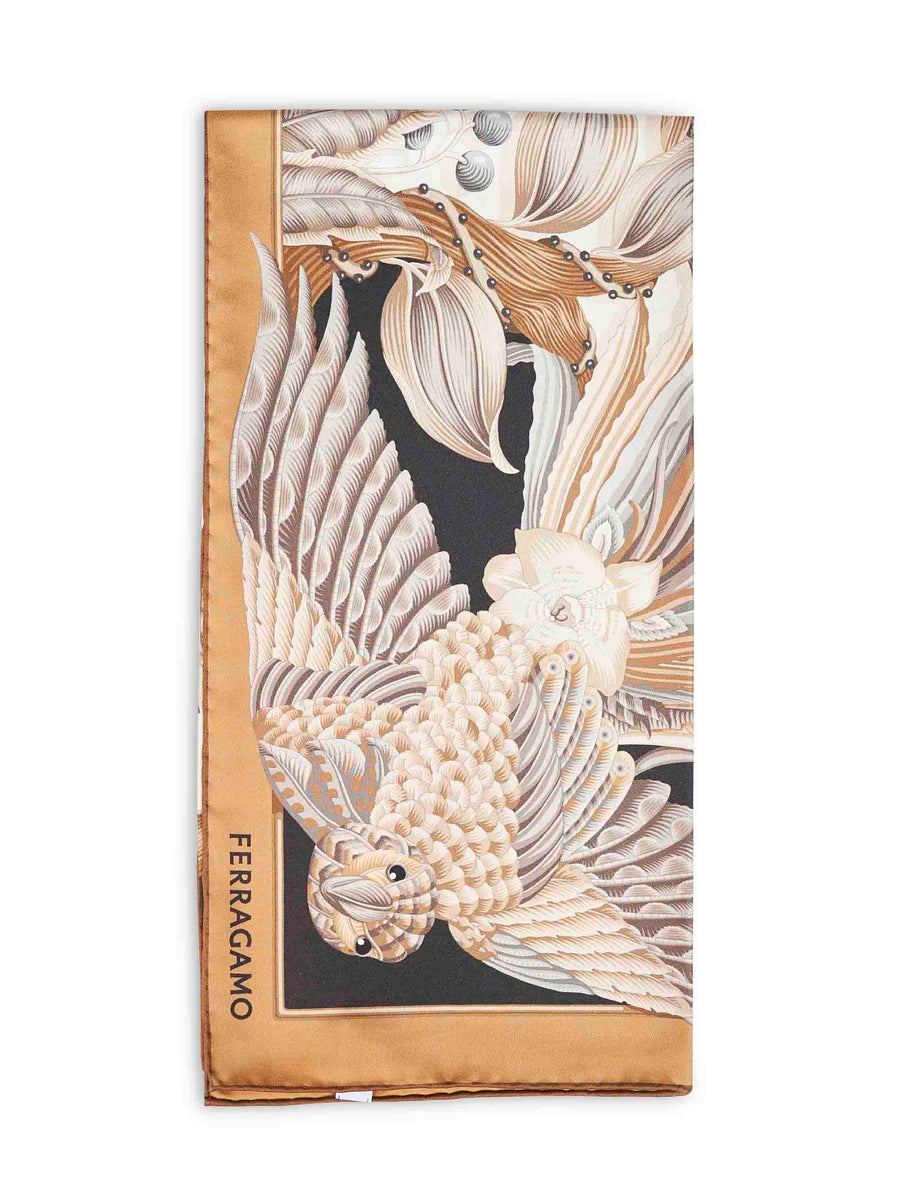 Silk Scarf Parrots Print Beige-Black Multicolour