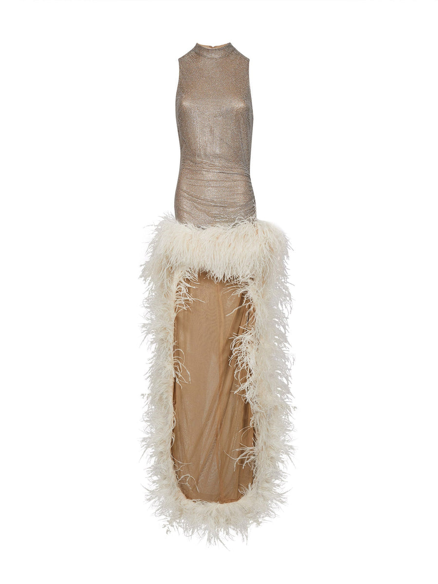 Silver Crystal Tulle Asymmetric Maxi Dress Polyamide