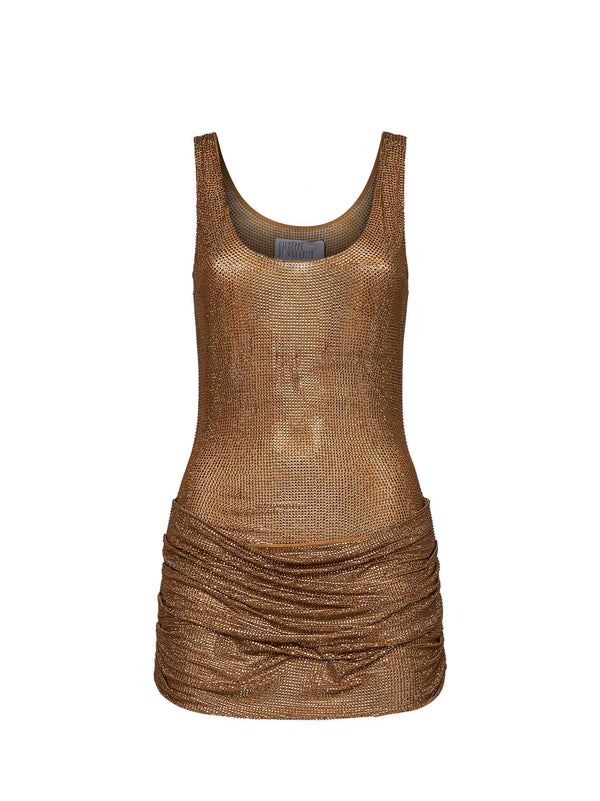 Mini Dress Gold Crystal-Embellished Polyamide