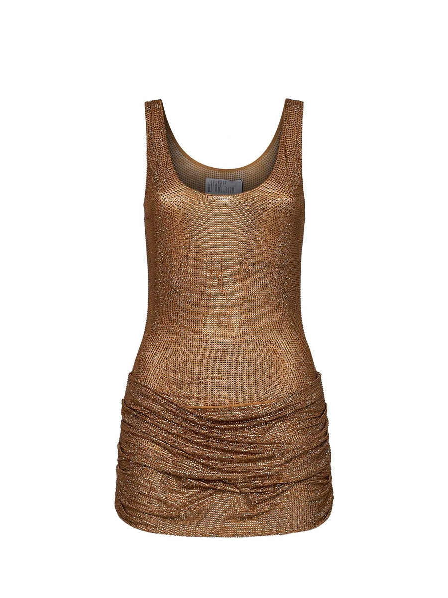Mini Dress Gold Crystal-Embellished Polyamide